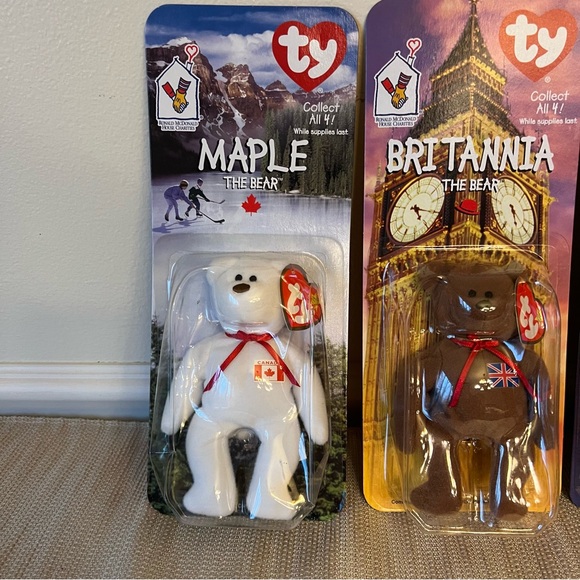 RARE McDonald's Brittania Erin Glory & Maple TY Beanie Babies Bear Complete Set - Picture 2 of 16